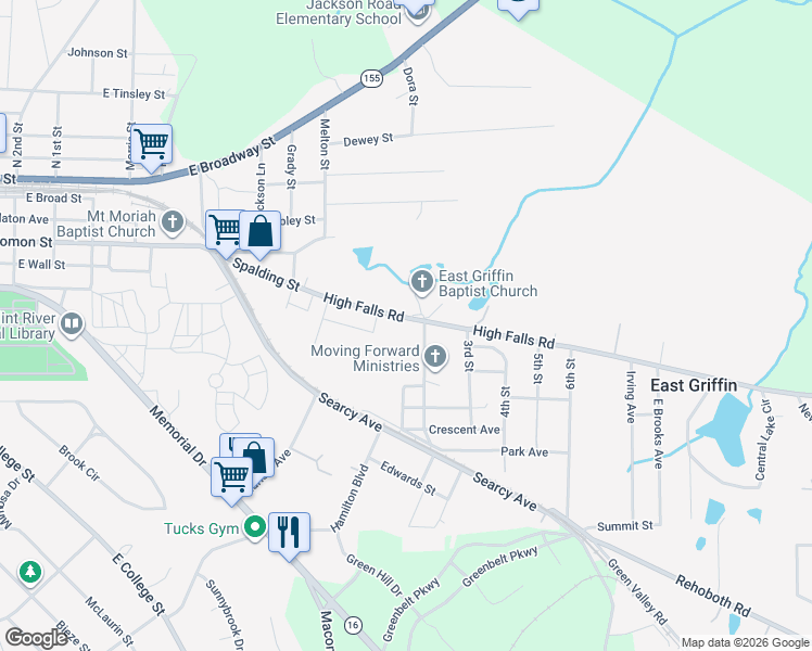 map of restaurants, bars, coffee shops, grocery stores, and more near 975 High Falls Road in Griffin