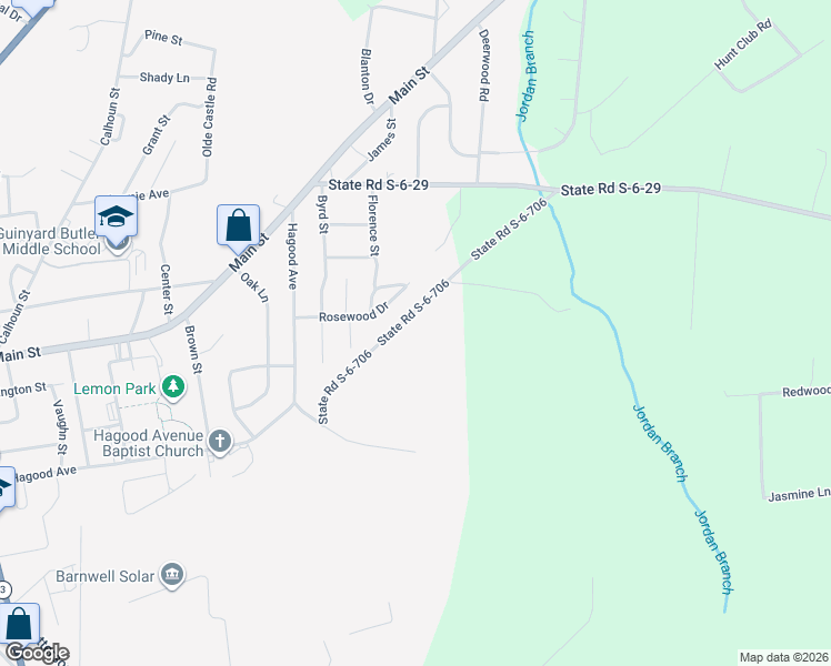 map of restaurants, bars, coffee shops, grocery stores, and more near 57 Redwood Drive in Barnwell