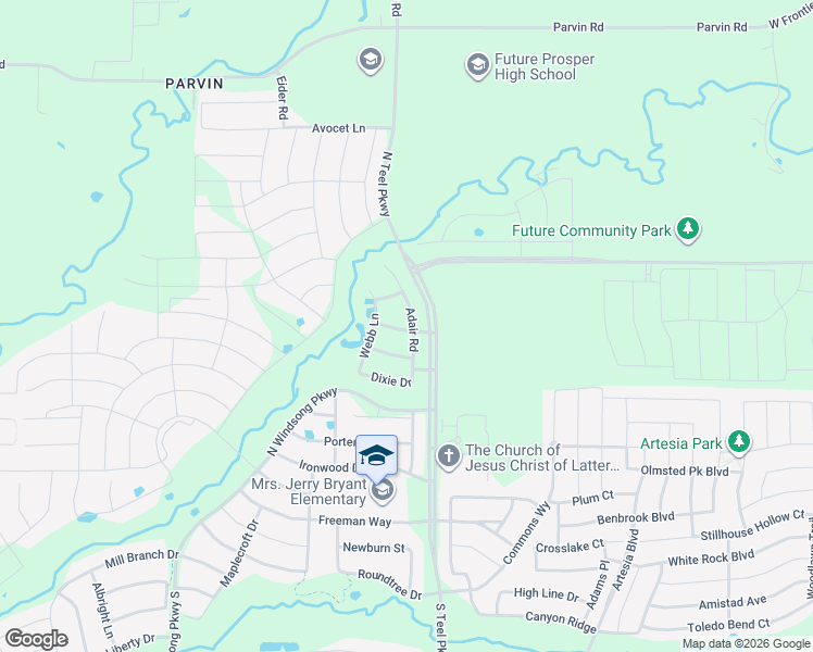 map of restaurants, bars, coffee shops, grocery stores, and more near 3850 Verona Street in Prosper