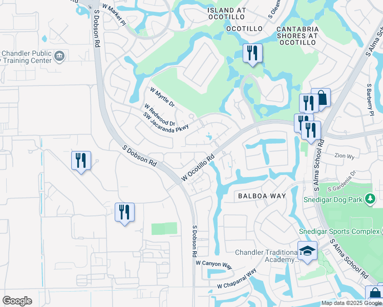 map of restaurants, bars, coffee shops, grocery stores, and more near 2031 West Periwinkle Way in Chandler