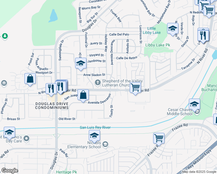 map of restaurants, bars, coffee shops, grocery stores, and more near 176 Avenida Descanso in Oceanside