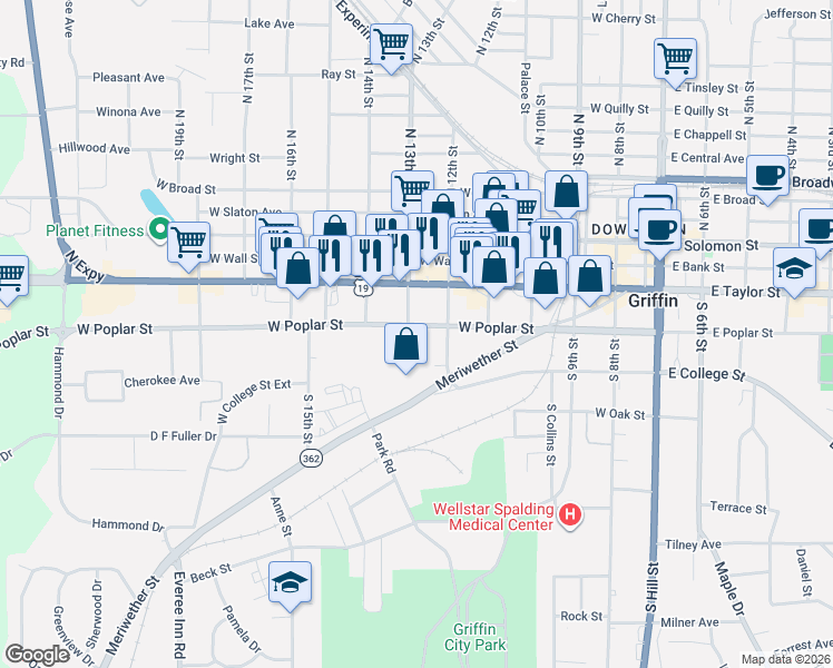 map of restaurants, bars, coffee shops, grocery stores, and more near 623 West Poplar Street in Griffin