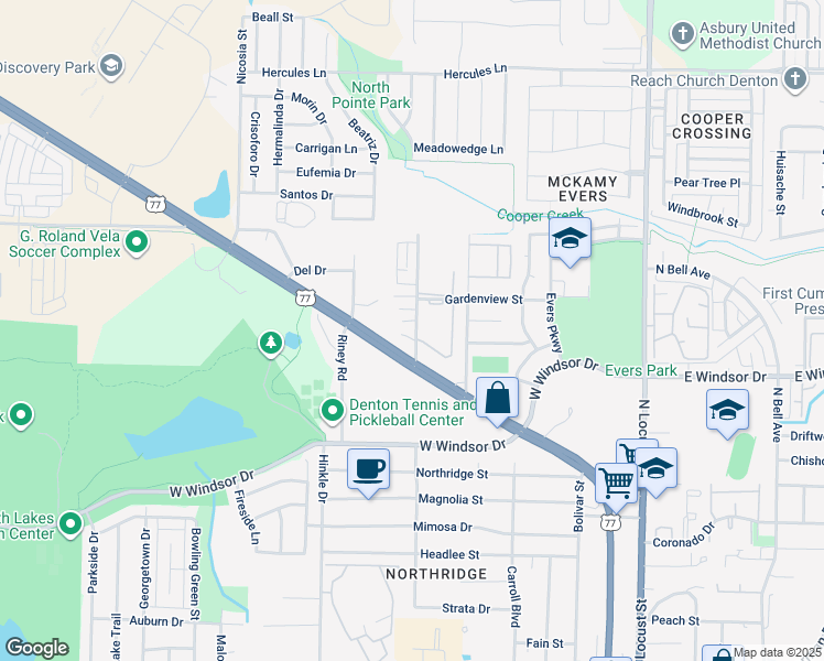 map of restaurants, bars, coffee shops, grocery stores, and more near 609 Meadow View Court in Denton