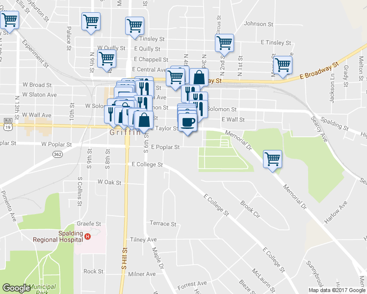 map of restaurants, bars, coffee shops, grocery stores, and more near 4th St & E Poplar St in Griffin