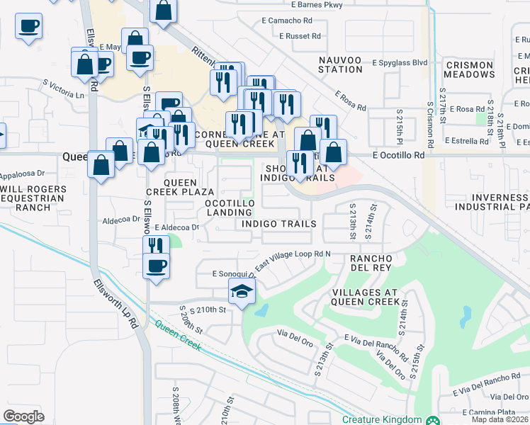 map of restaurants, bars, coffee shops, grocery stores, and more near 21116 East Munoz Street in Queen Creek