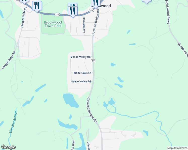 map of restaurants, bars, coffee shops, grocery stores, and more near County Road 59 in Brookwood