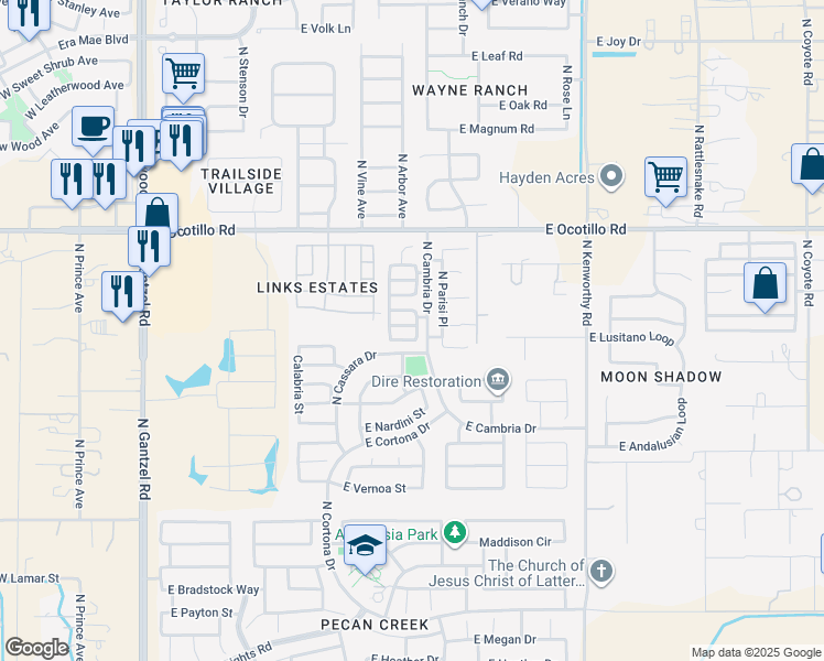 map of restaurants, bars, coffee shops, grocery stores, and more near 1151 East Ferrara Street in Queen Creek