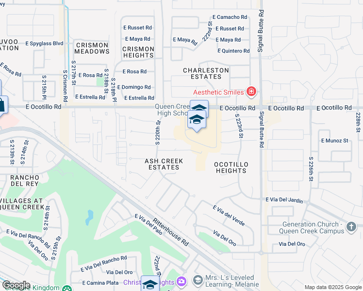 map of restaurants, bars, coffee shops, grocery stores, and more near 22149 East Ocotillo Road in Queen Creek