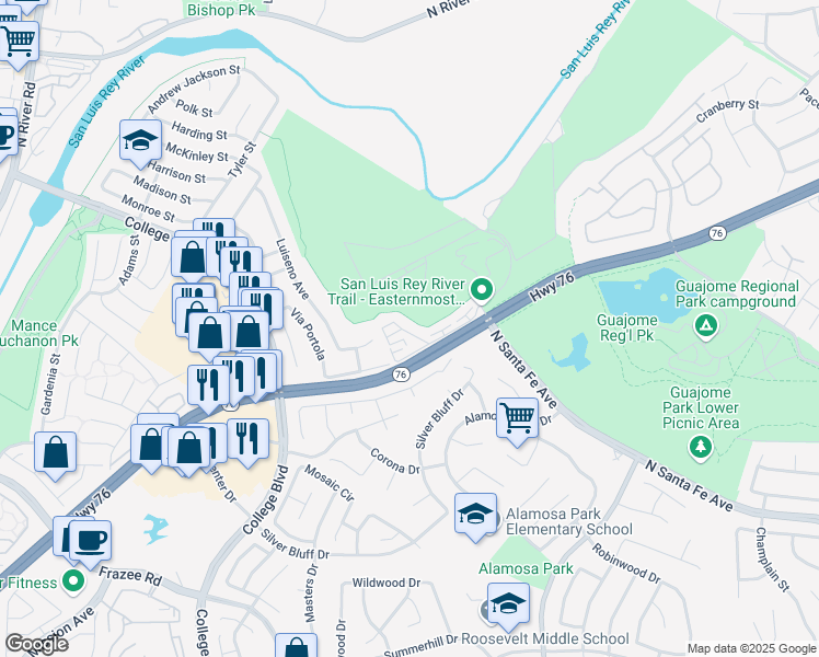 map of restaurants, bars, coffee shops, grocery stores, and more near 5005 Codorniz Way in Oceanside