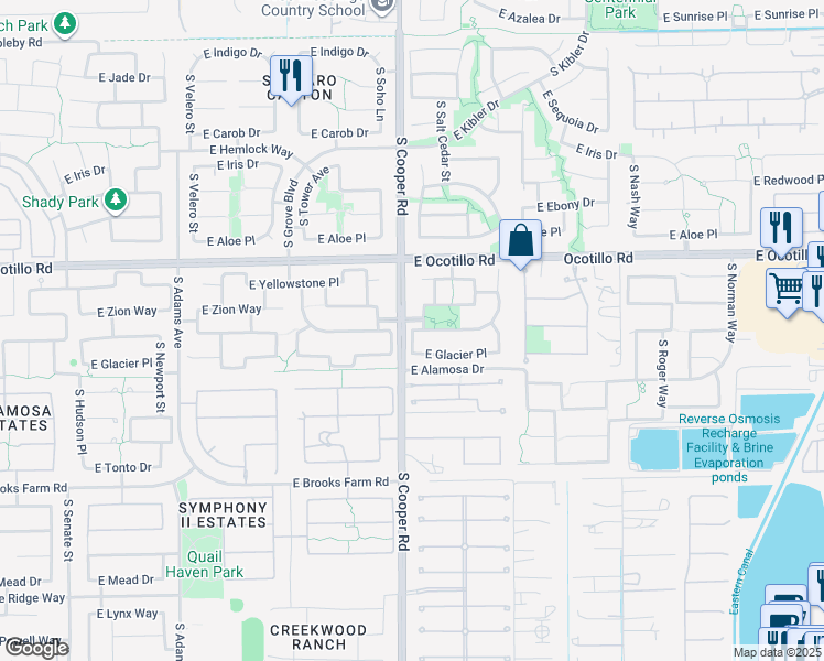 map of restaurants, bars, coffee shops, grocery stores, and more near 2077 South Eucalyptus Place in Chandler