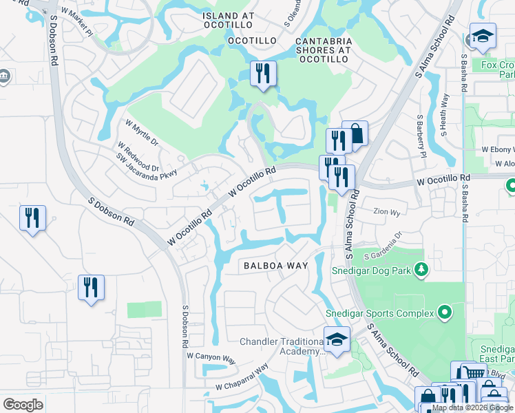 map of restaurants, bars, coffee shops, grocery stores, and more near 1712 West Zion Place in Chandler