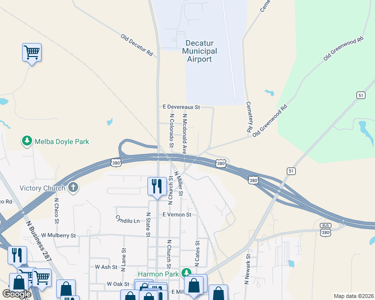map of restaurants, bars, coffee shops, grocery stores, and more near 1604 North Mcdonald Avenue in Decatur