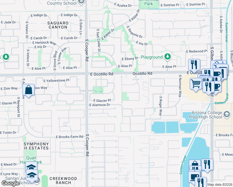 map of restaurants, bars, coffee shops, grocery stores, and more near 4163 South Wayne Place in Chandler