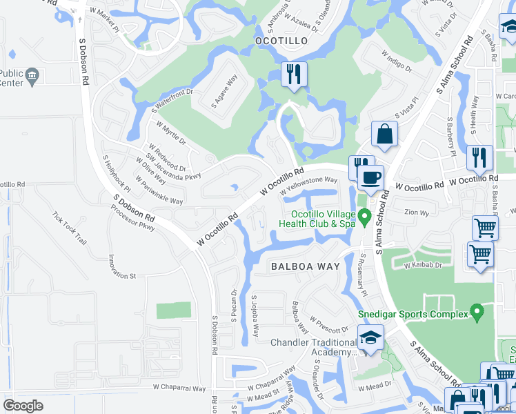 map of restaurants, bars, coffee shops, grocery stores, and more near 1777 Jojoba Way in Chandler