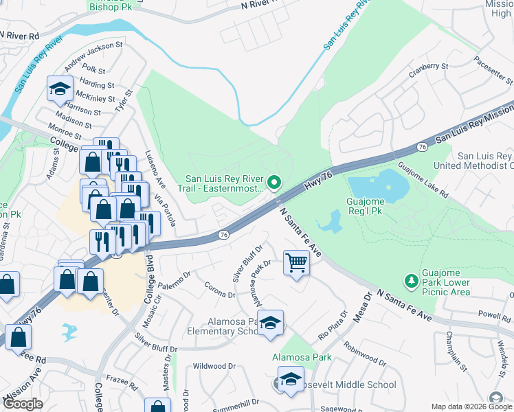 map of restaurants, bars, coffee shops, grocery stores, and more near 5086 Via Manos in Oceanside