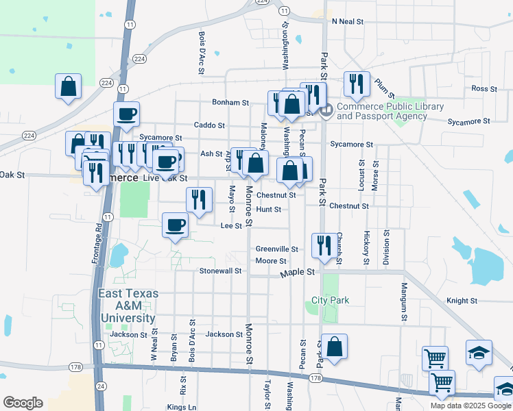 map of restaurants, bars, coffee shops, grocery stores, and more near 1700 Monroe Street in Commerce