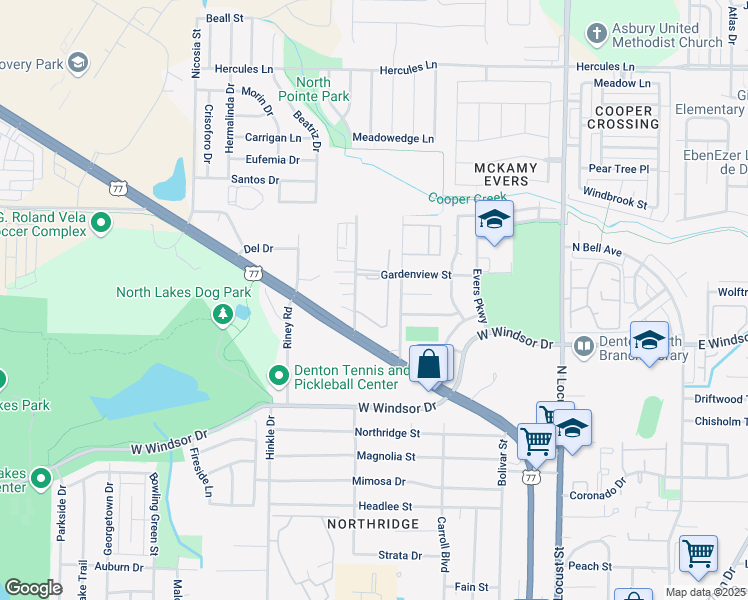 map of restaurants, bars, coffee shops, grocery stores, and more near 3300 Fallmeadow Street in Denton