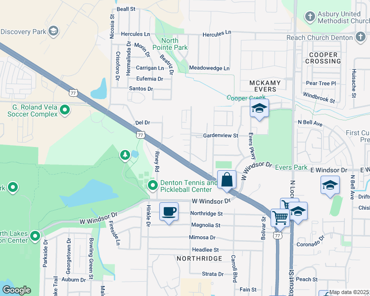 map of restaurants, bars, coffee shops, grocery stores, and more near 609 Meadow View Court in Denton