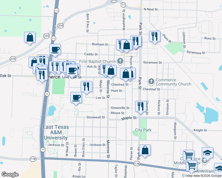 map of restaurants, bars, coffee shops, grocery stores, and more near 1700 Monroe Street in Commerce
