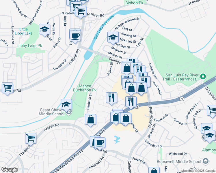 map of restaurants, bars, coffee shops, grocery stores, and more near 241 Saguaro Place in Oceanside