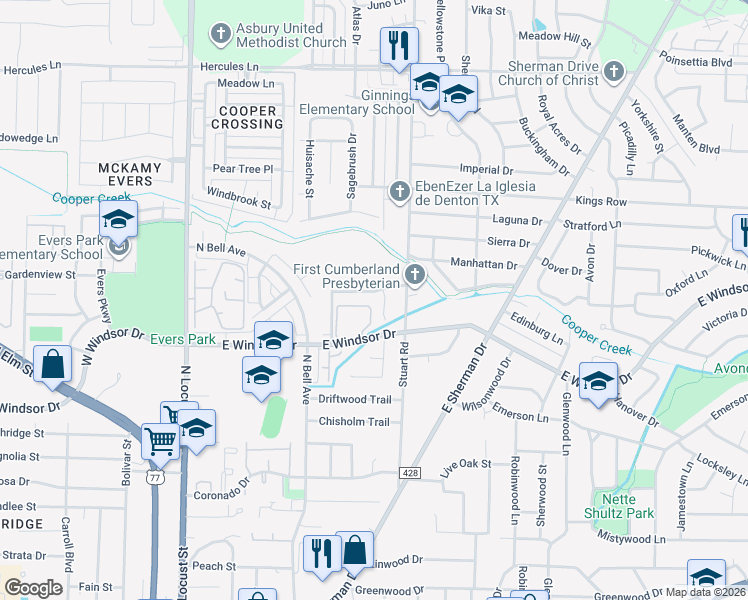 map of restaurants, bars, coffee shops, grocery stores, and more near 708 Wolftrap Drive in Denton