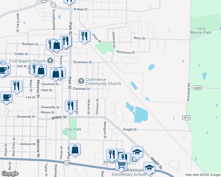 map of restaurants, bars, coffee shops, grocery stores, and more near 804 Clark Street in Commerce