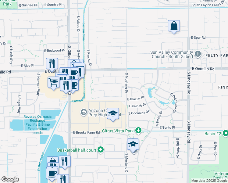 map of restaurants, bars, coffee shops, grocery stores, and more near 3435 East Grand Canyon Drive in Chandler