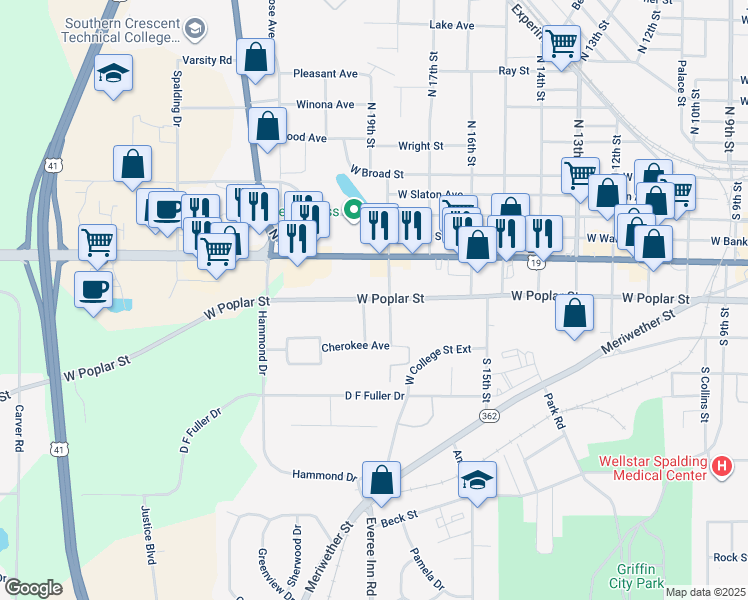 map of restaurants, bars, coffee shops, grocery stores, and more near 1208 West Poplar Street in Griffin