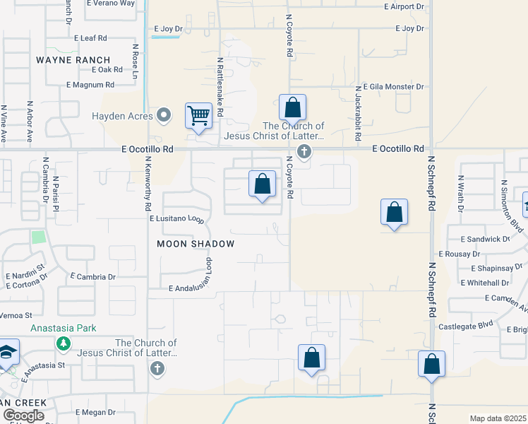 map of restaurants, bars, coffee shops, grocery stores, and more near 2480 East Meadow Mist Lane in Queen Creek