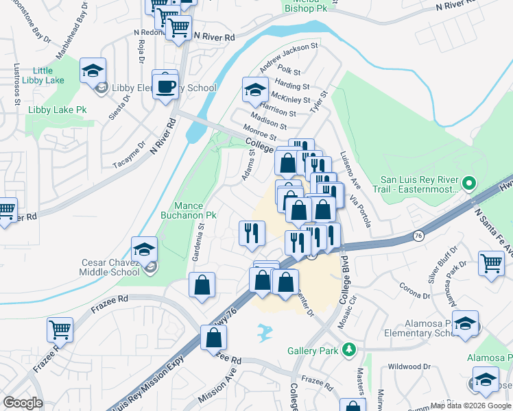 map of restaurants, bars, coffee shops, grocery stores, and more near 254 Saguaro Place in Oceanside