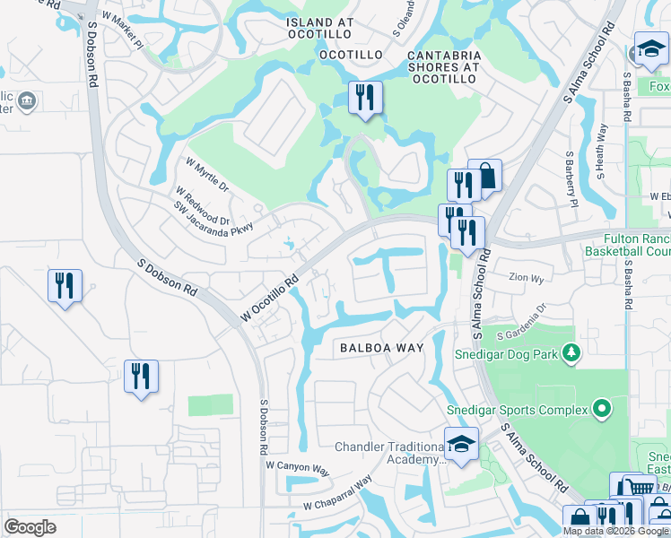 map of restaurants, bars, coffee shops, grocery stores, and more near 1777 Jojoba Way in Chandler