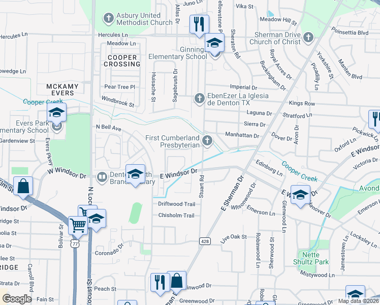 map of restaurants, bars, coffee shops, grocery stores, and more near 3013 Gray Wolf Circle in Denton