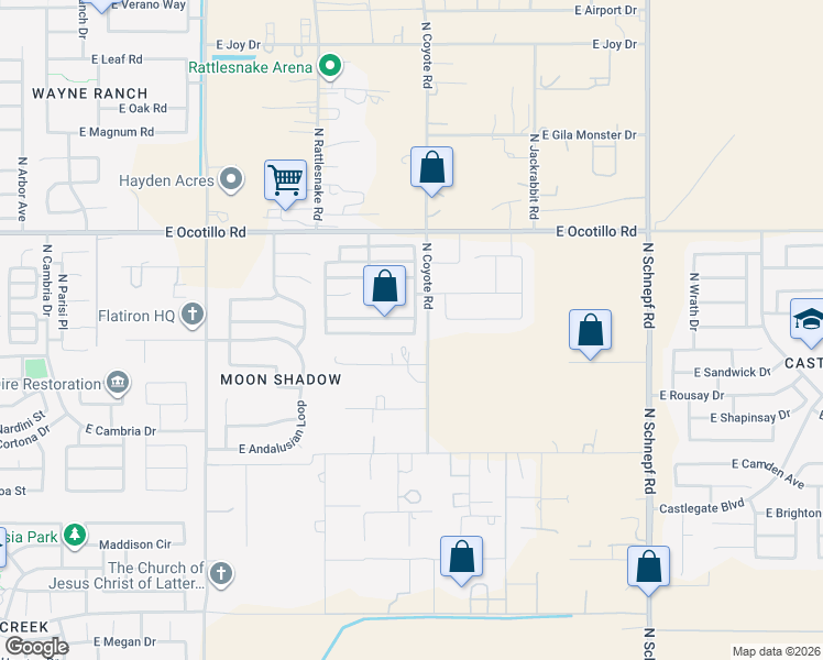 map of restaurants, bars, coffee shops, grocery stores, and more near 2527 East Meadow Creek Way in Queen Creek