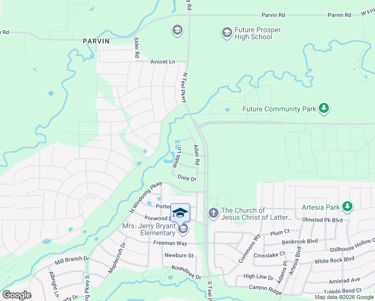 map of restaurants, bars, coffee shops, grocery stores, and more near 3850 Verona Street in Prosper