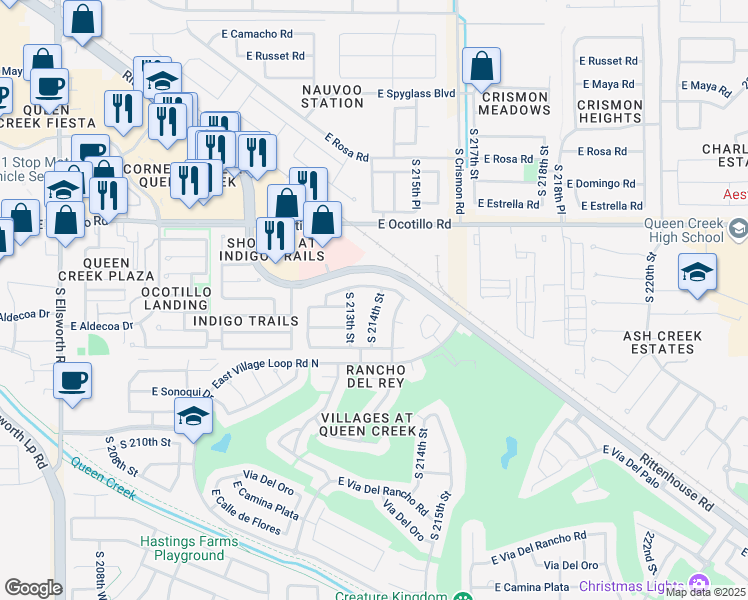 map of restaurants, bars, coffee shops, grocery stores, and more near 22256 South 214th Street in Queen Creek