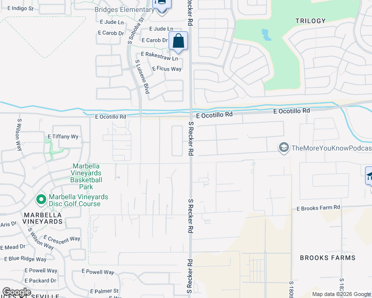 map of restaurants, bars, coffee shops, grocery stores, and more near 22002 South Recker Road in Gilbert