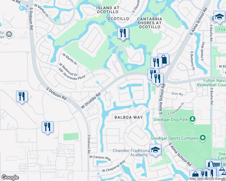 map of restaurants, bars, coffee shops, grocery stores, and more near 1777 Jojoba Way in Chandler