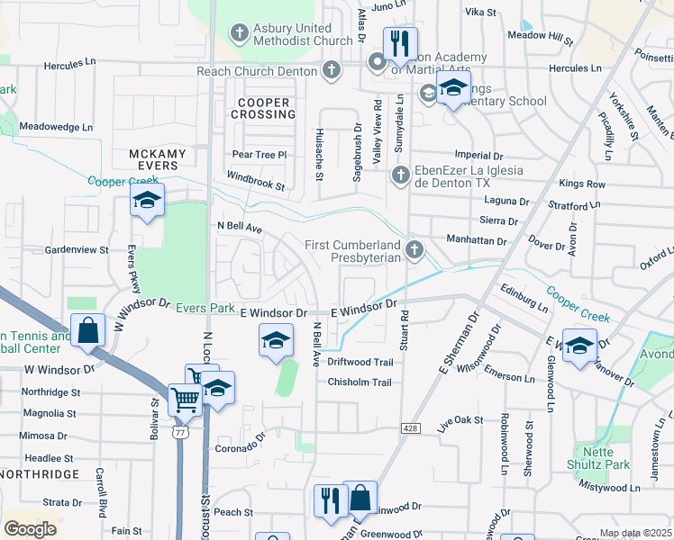 map of restaurants, bars, coffee shops, grocery stores, and more near 610 Wolftrap Drive in Denton