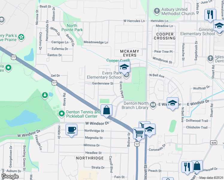map of restaurants, bars, coffee shops, grocery stores, and more near 301 Gabe Court in Denton