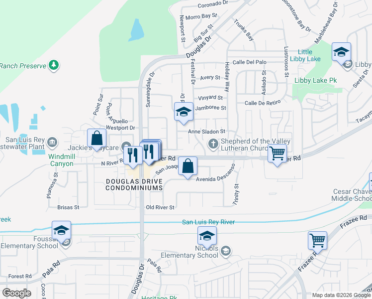 map of restaurants, bars, coffee shops, grocery stores, and more near 4516 Inverness Drive in Oceanside