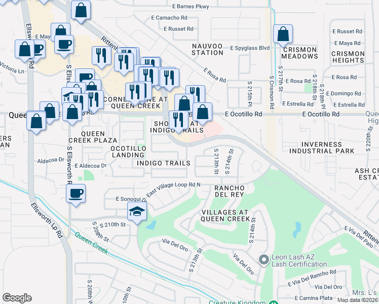 map of restaurants, bars, coffee shops, grocery stores, and more near 21202 East Tierra Grande Drive in Queen Creek