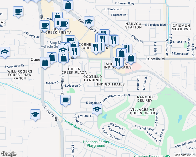 map of restaurants, bars, coffee shops, grocery stores, and more near 21073 East Tierra Grande in Queen Creek