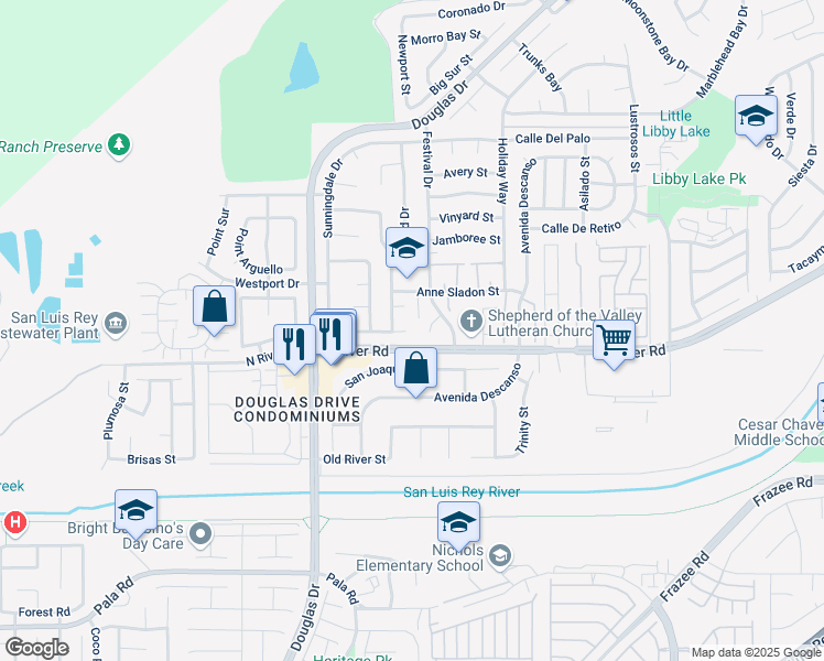 map of restaurants, bars, coffee shops, grocery stores, and more near 4516 Inverness Drive in Oceanside