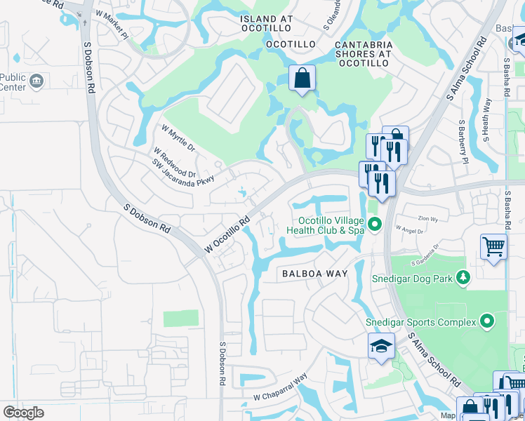 map of restaurants, bars, coffee shops, grocery stores, and more near 1777 Jojoba Way in Chandler
