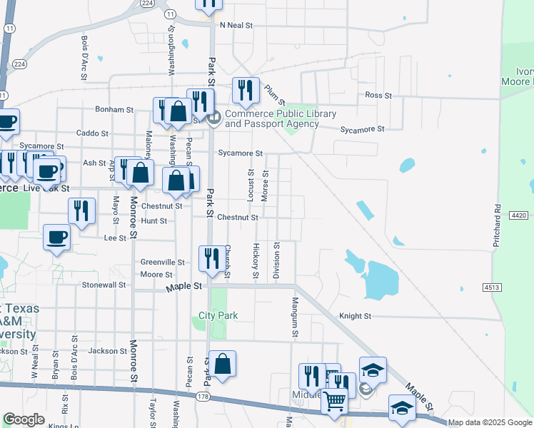 map of restaurants, bars, coffee shops, grocery stores, and more near 1804 Morse Street in Commerce