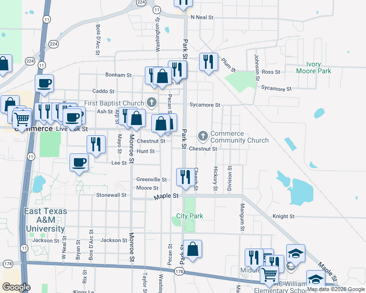 map of restaurants, bars, coffee shops, grocery stores, and more near 1608 Park Street in Commerce
