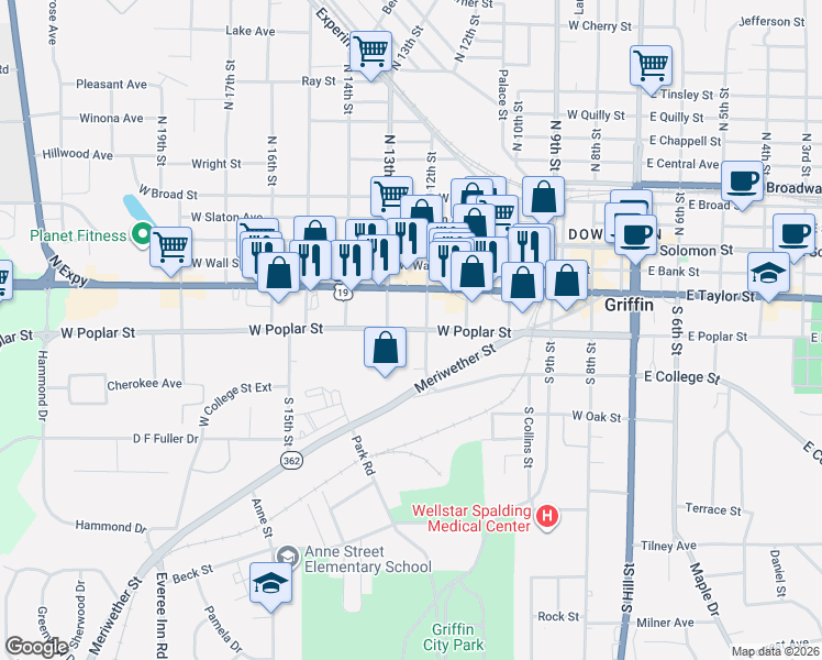 map of restaurants, bars, coffee shops, grocery stores, and more near 623 West Poplar Street in Griffin
