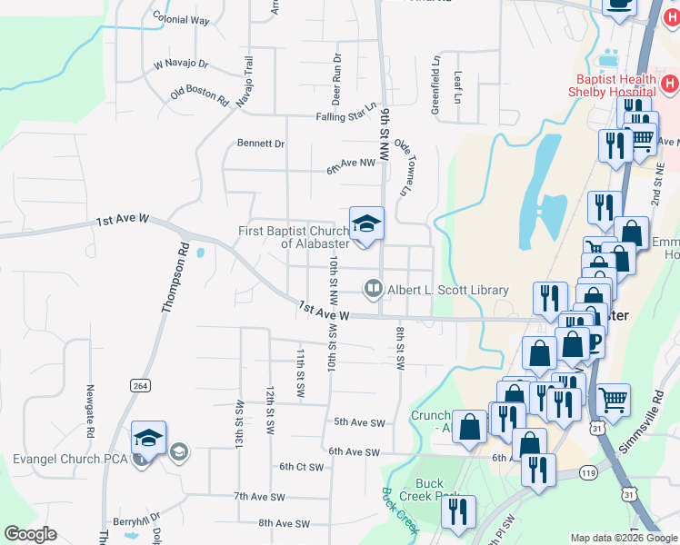 map of restaurants, bars, coffee shops, grocery stores, and more near 1005 3rd Avenue Northwest in Alabaster