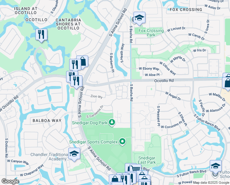 map of restaurants, bars, coffee shops, grocery stores, and more near 4077 South Sabrina Drive in Chandler