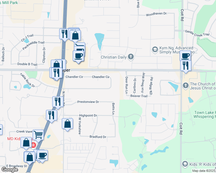 map of restaurants, bars, coffee shops, grocery stores, and more near 1240 Chandler Circle in Prosper